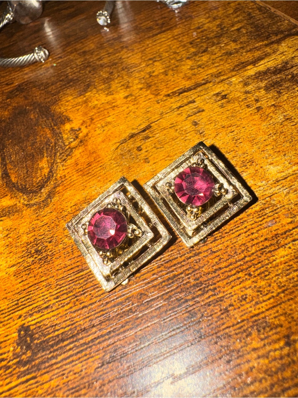 Vintage Gold Tone Square Red Gemstone Stud Earrings